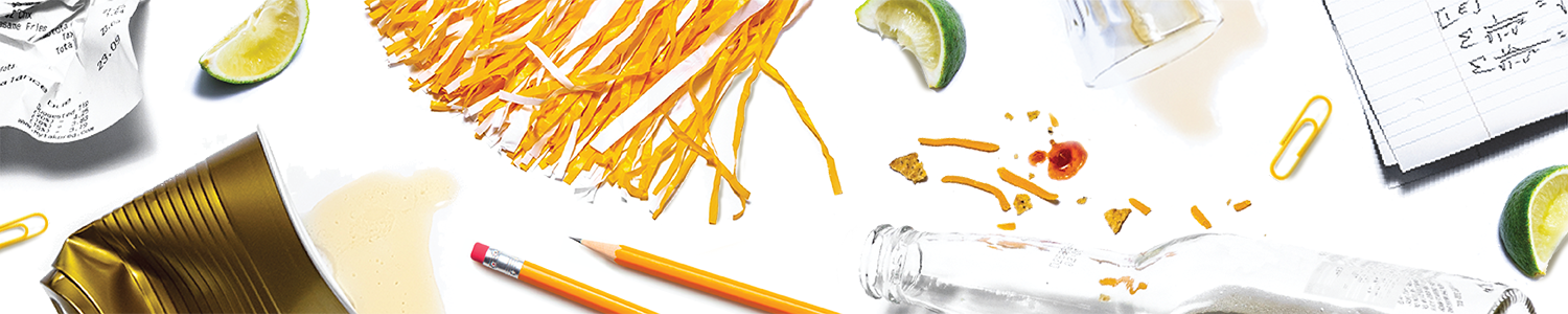 Composite graphic of a plastic cup, pom-pom, empty glass bottle, pencils, and crumpled papers.